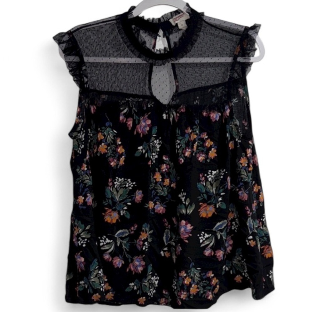 Floral Black Lace Top XL botanical Arizona Jean Co ruffled sheer shoulder